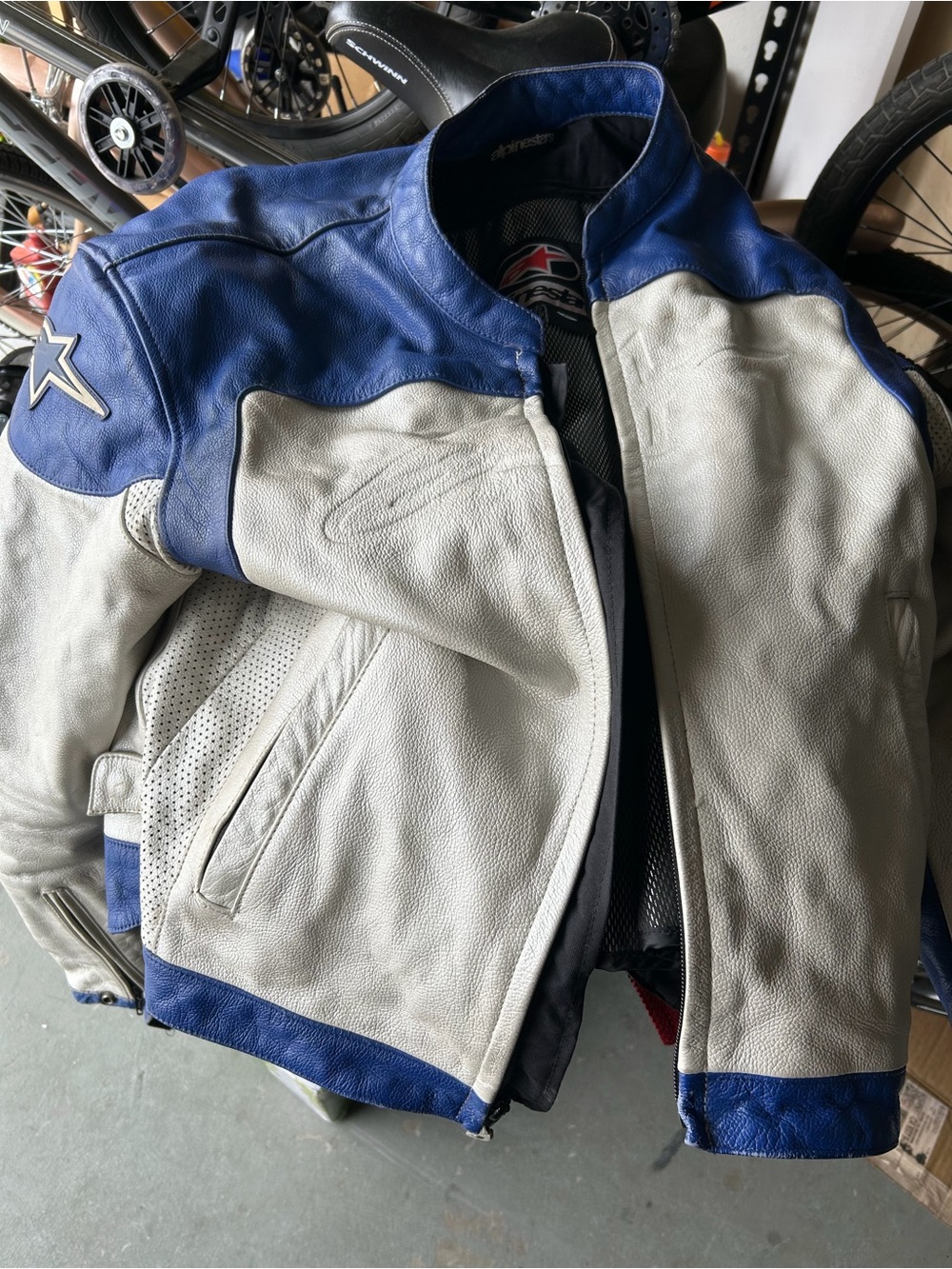 Alpinestars Blue & White Perforated Leather Motorcycle Jacket
